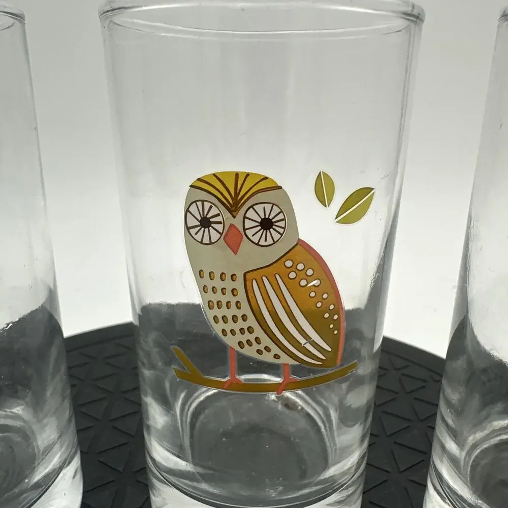 Set Of 3 Vintage Libbey Hoot Owl Small Juice Retro Drinking Glasses